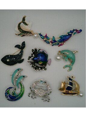 Beach Nautical Fish Brooch Pin Lot of 8 - Dolphin Whale crab fish